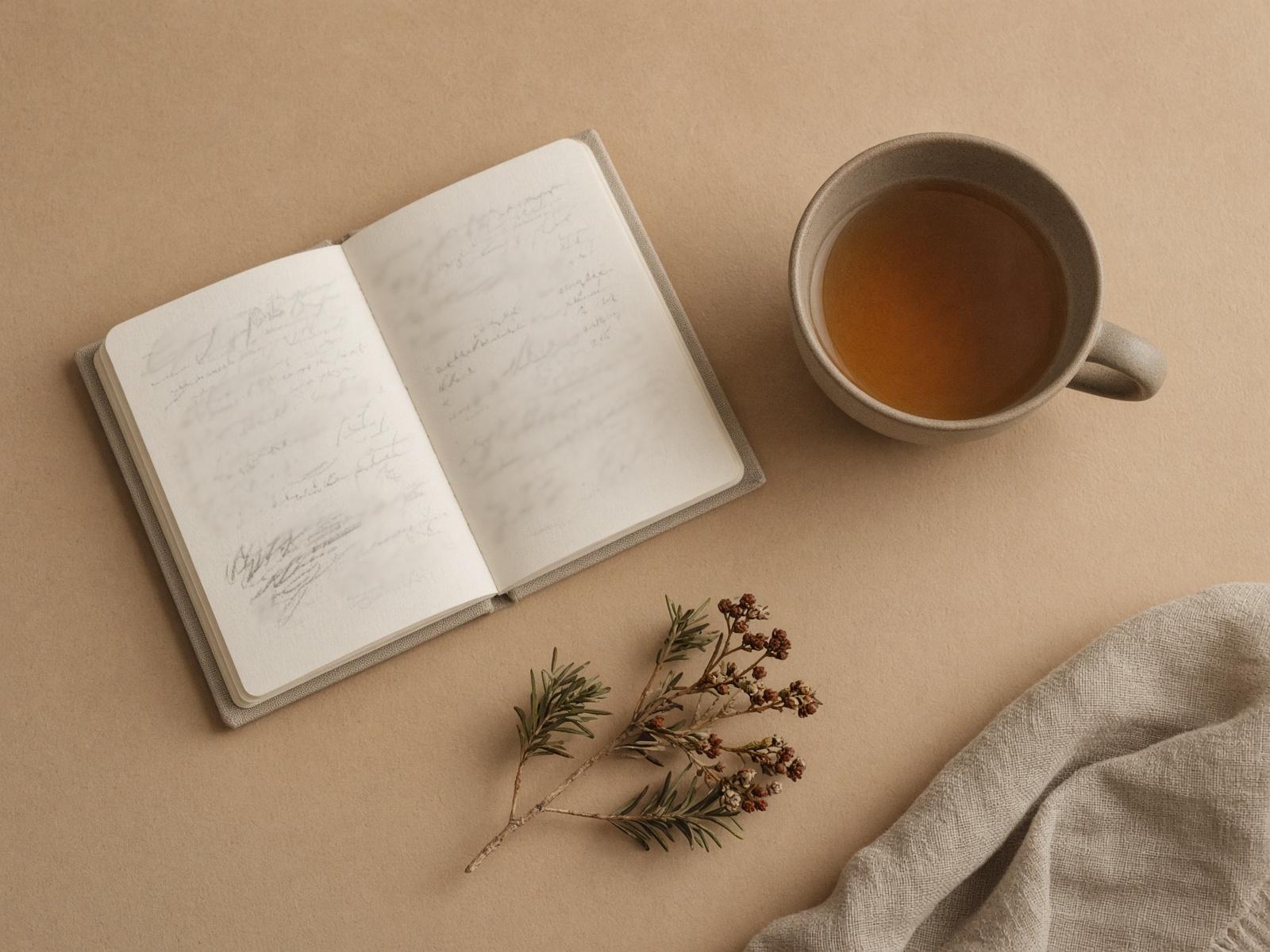 Notebook, tea, and fynbos on a warm paper background