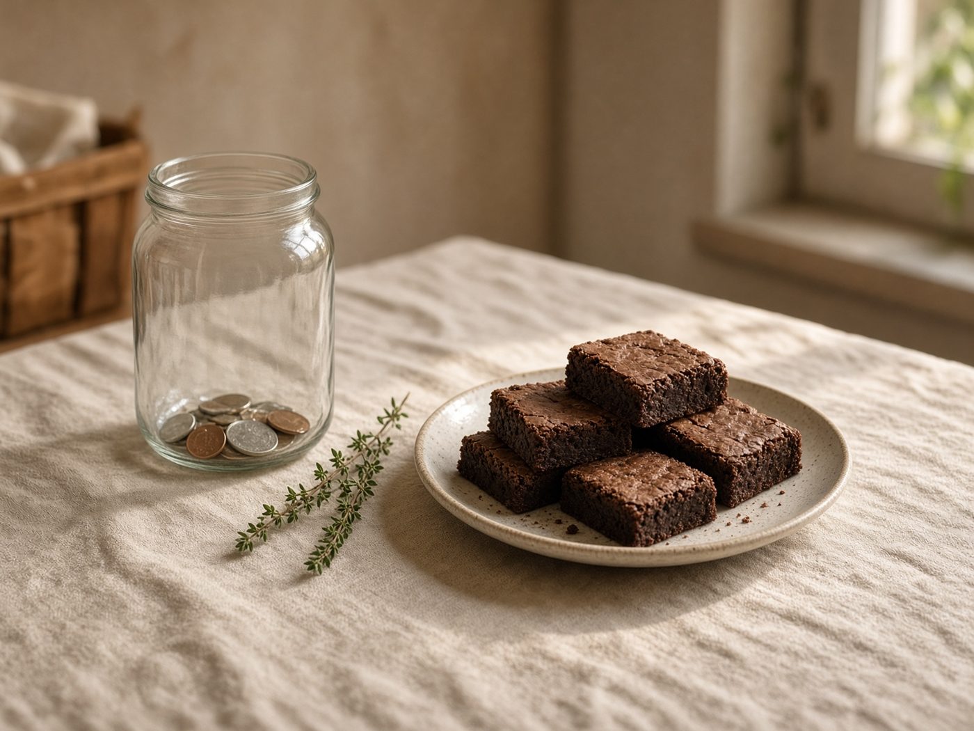 A linen table with brownies and a glass jar of coins