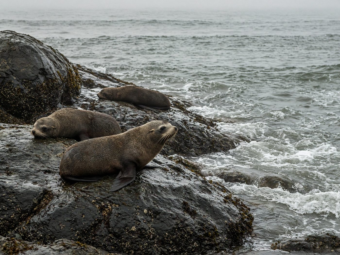 Seals resting on dark rocks beside a cold ocean