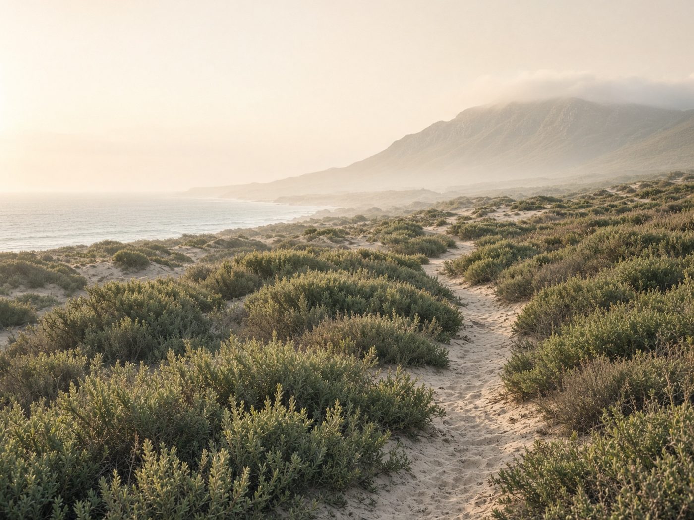 A sandy path through coastal fynbos toward the sea
