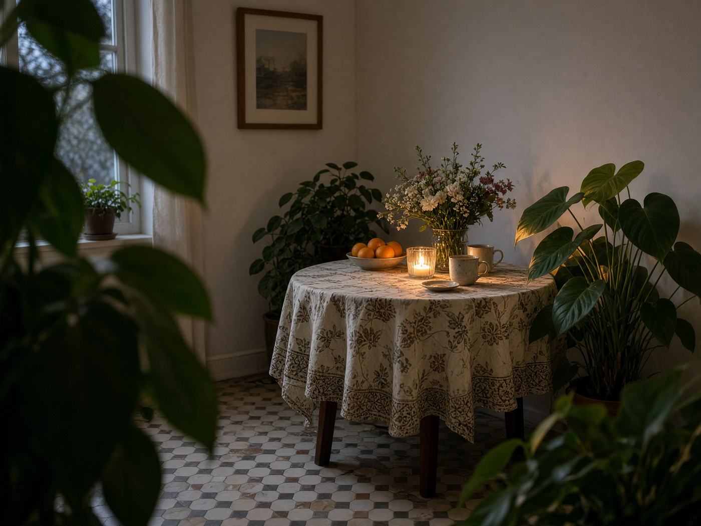 A candlelit table surrounded by houseplants