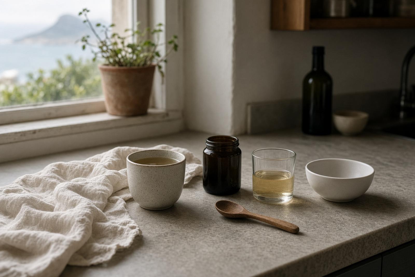 Morning kitchen counter with a ceramic cup, a dark jar, and a glass by a window facing the sea