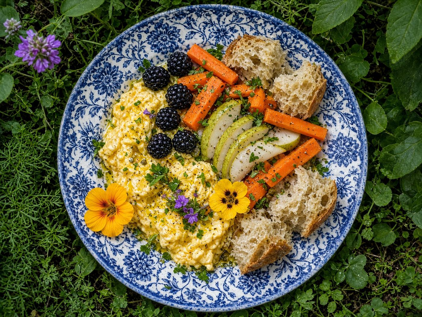 Garden plate of eggs, berries, carrots, pear, and bread