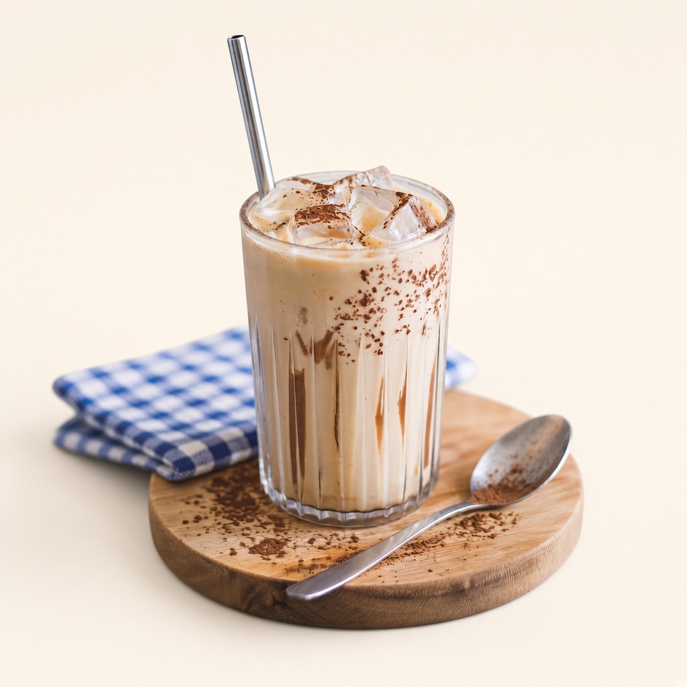 Lifestyle shake, an iced cappuccino on a wooden board