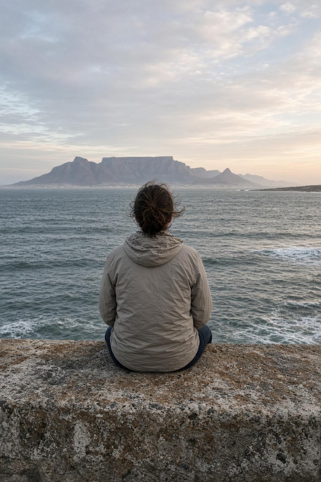 A person seen from behind on a concrete sea wall, Table Mountain across the water